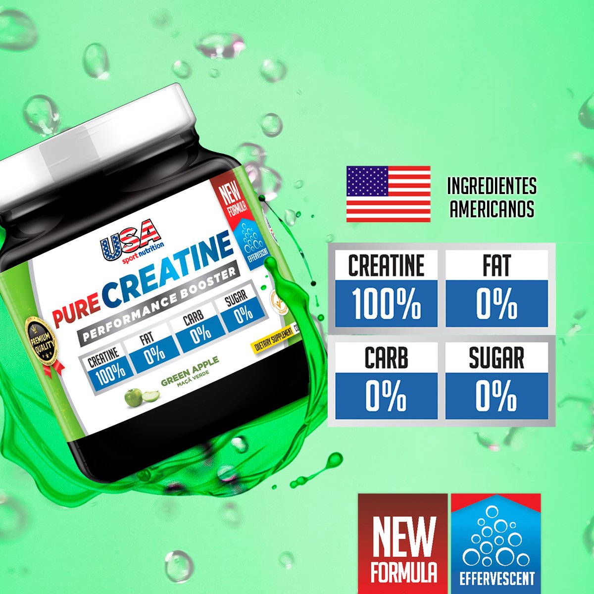 Creatina Pura Efervescente (Creatine Pure) (Nova Fórmula) Sem Sabor (180g) - USA SPORT NUTRITION - Imagem 3