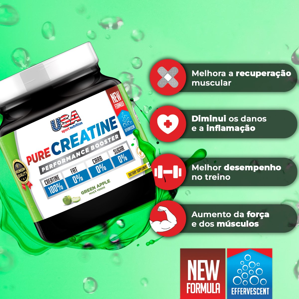 Creatina Pura Efervescente (Creatine Pure) (Nova Fórmula) Sem Sabor (180g) - USA SPORT NUTRITION - Imagem 4